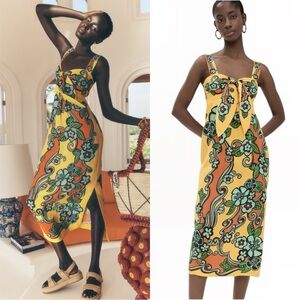 NEW Alemais Vibrant Yellow Midi Dress with Green Floral Design